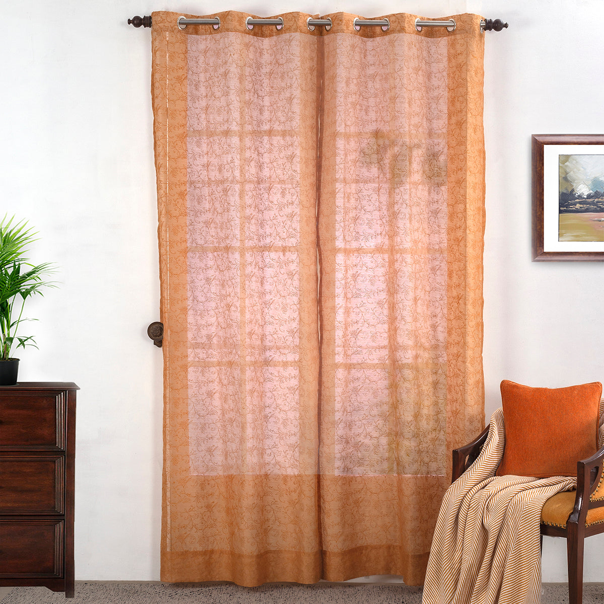 Chintz Leaves Embroidered 2PC Orange Curtain Set