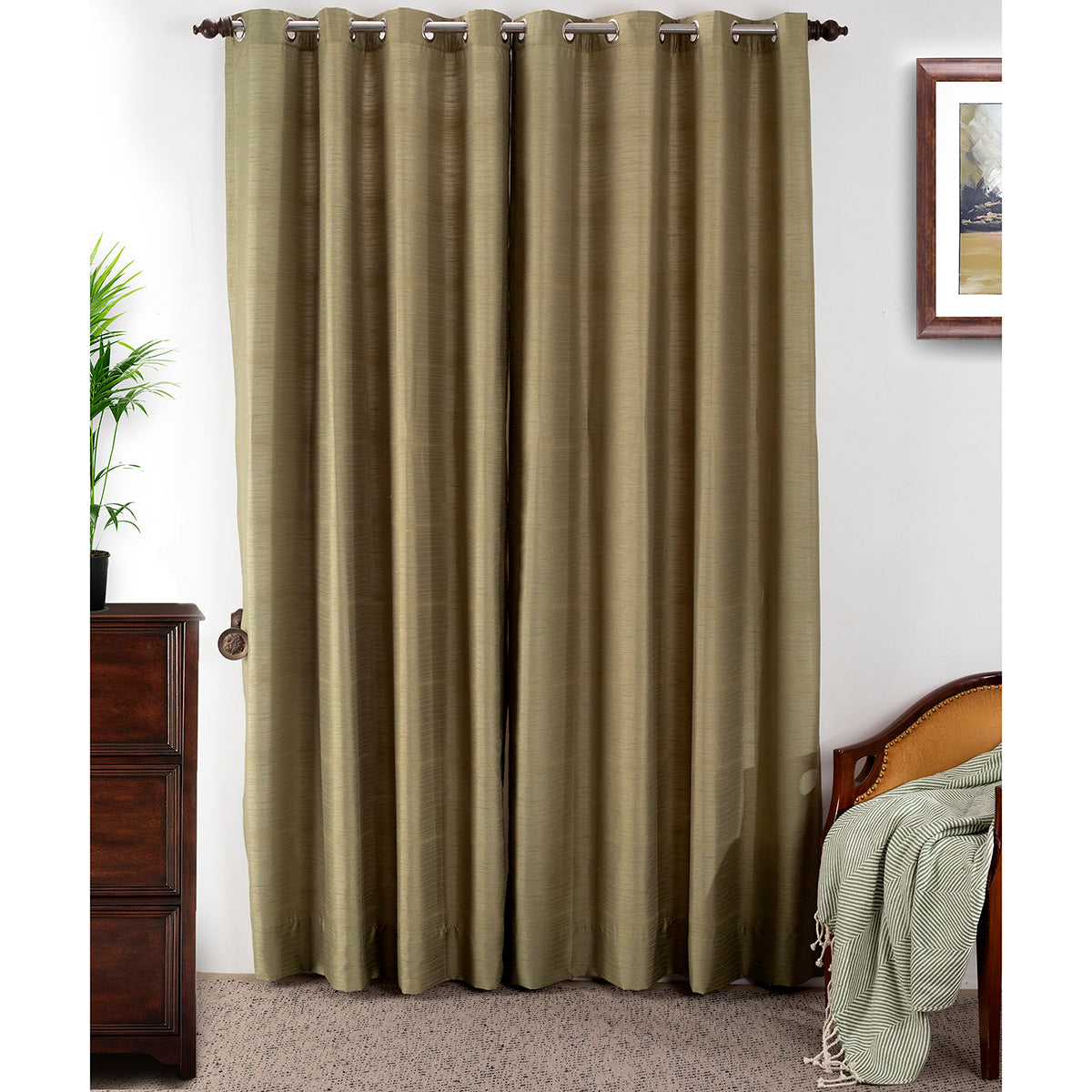 Graduated Stripe Solid 2PC Green Curtain Set