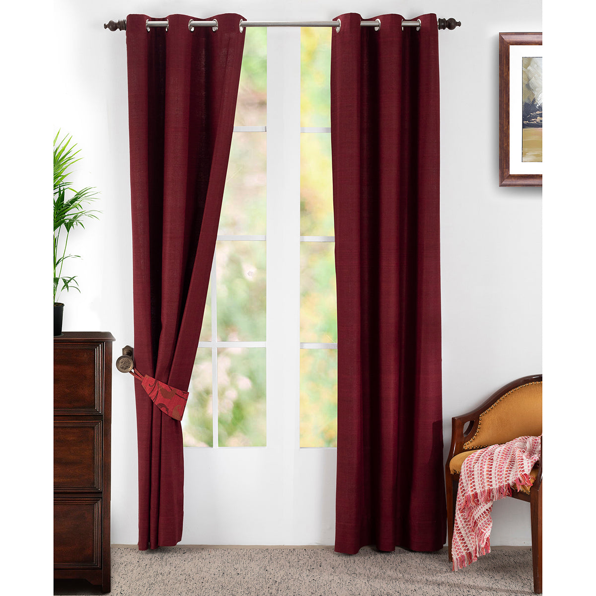 Tewly Tex Solid 2PC Red Curtain Set