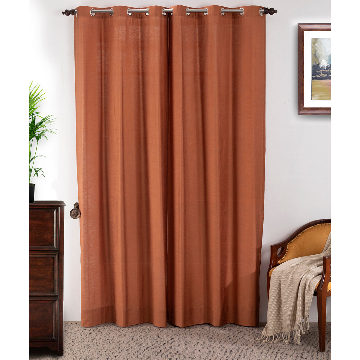 Silky Sillion Solid 2PC Orange Curtain Set