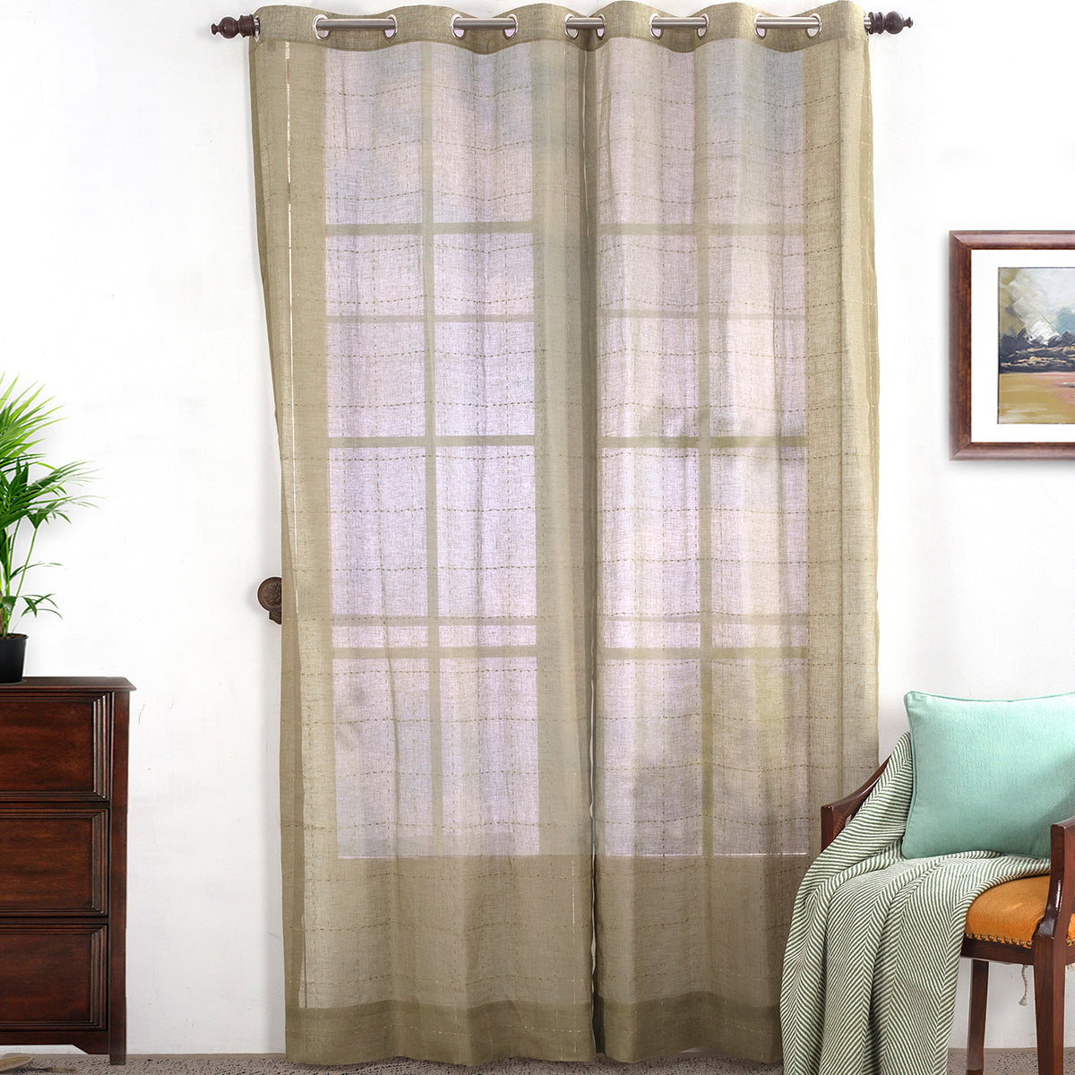 Solidonia Square Solid 2PC Green Curtain Set