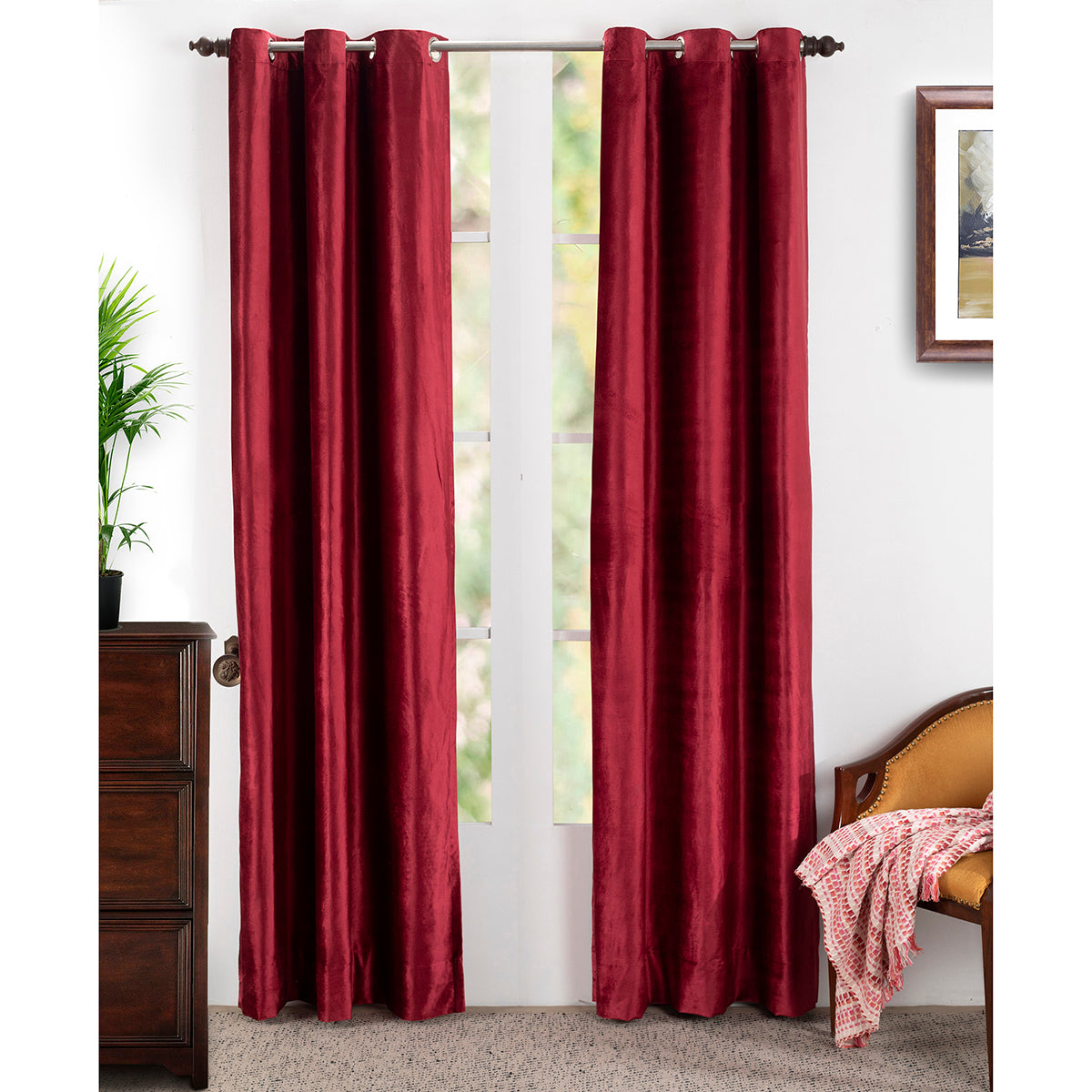 Deco Velvet Solid 2PC Red Curtain Set