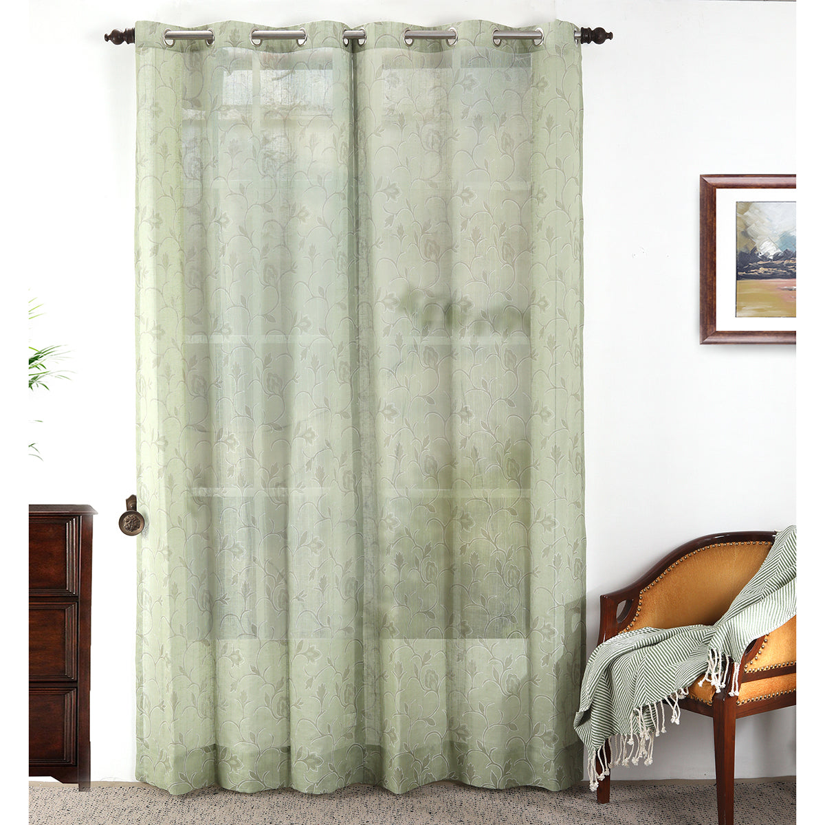 Sicilian Stripe Solid 2PC Green Curtain Set