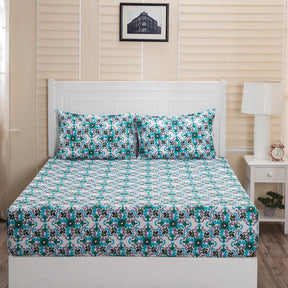 Donatella Cadence Printed 144TC 100% Cotton Blue Bed Sheet with Pillow Case