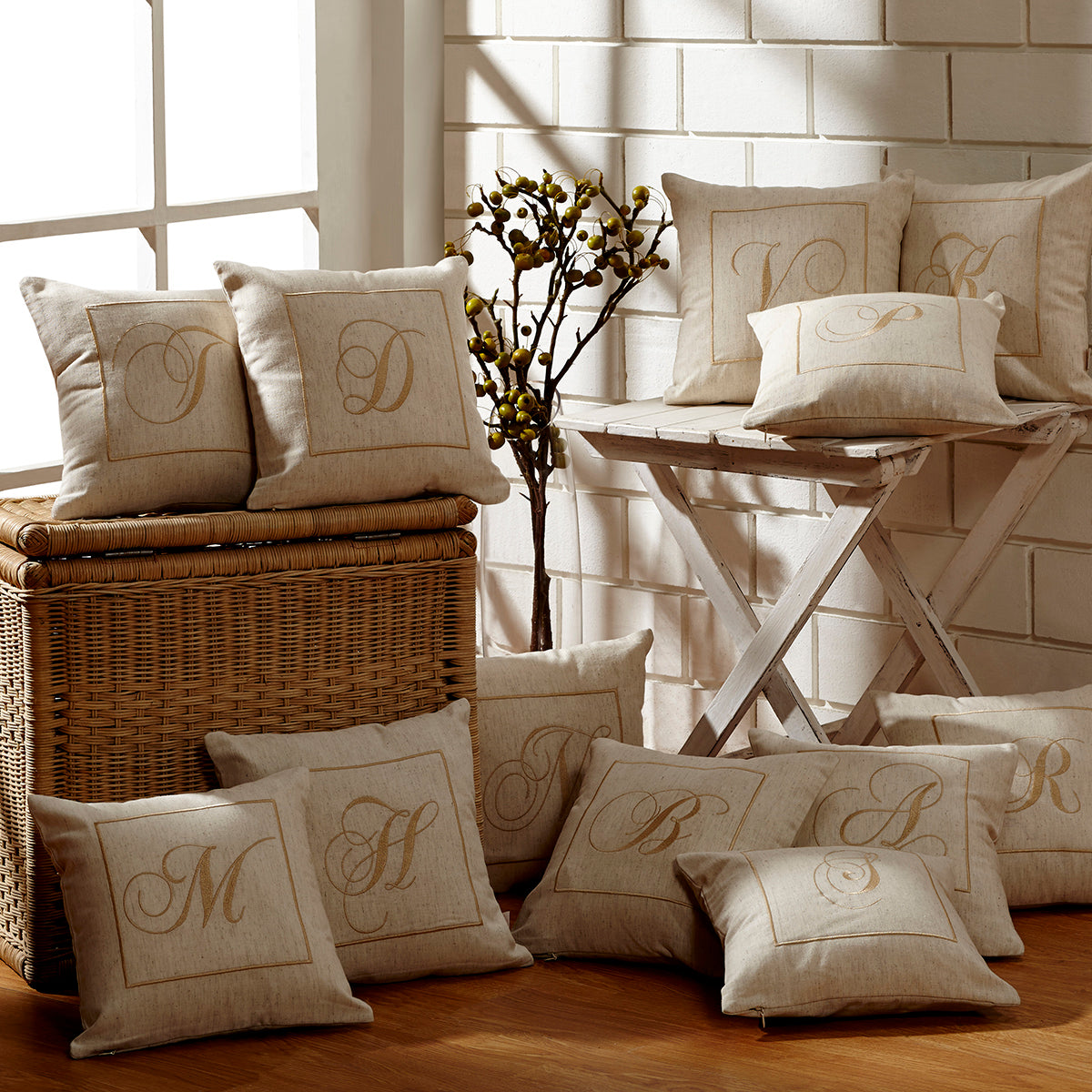 Maspar Machine Embroidery Monogram D/Cotton Flax Cushion Cover Beige