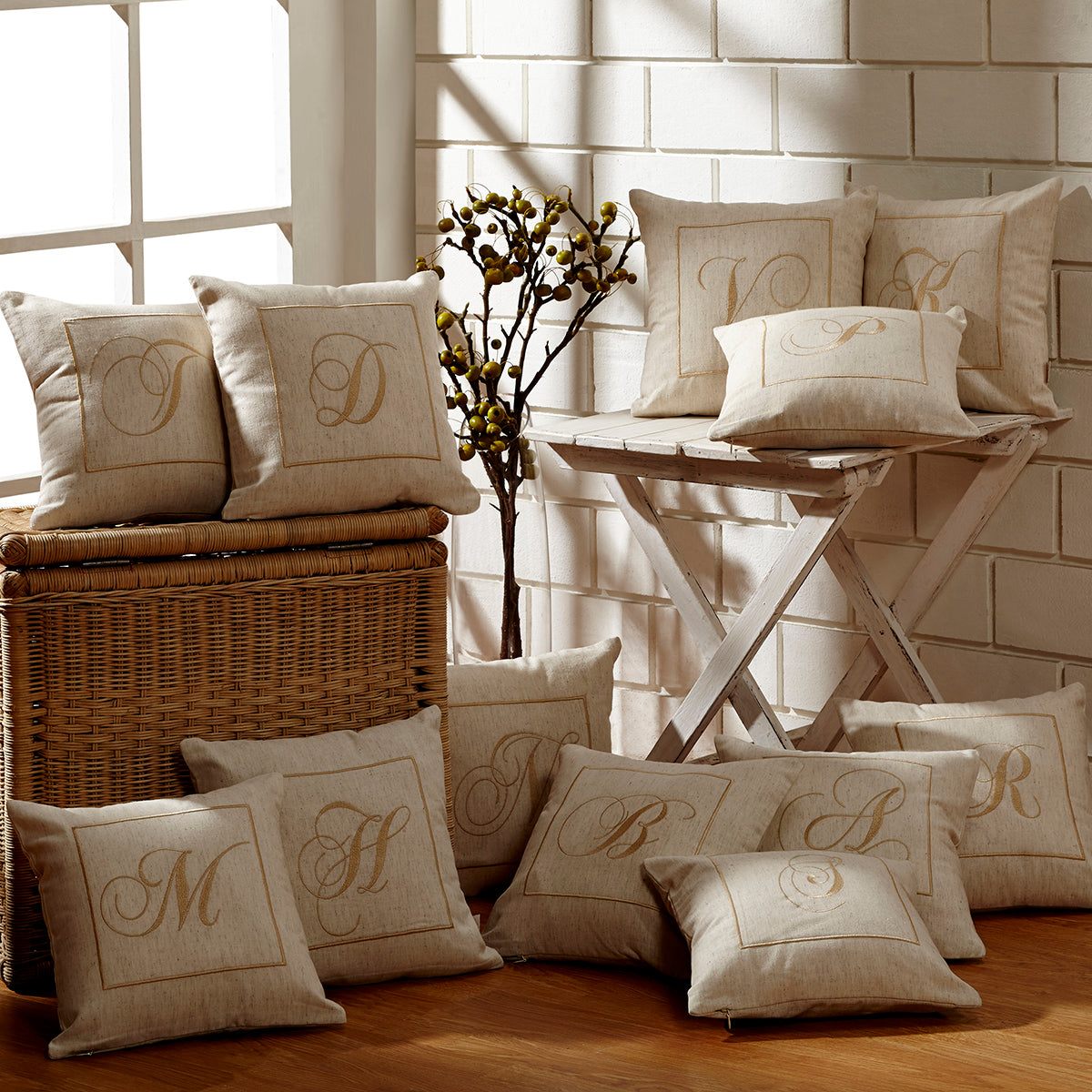 Maspar Machine Embroidery Monogram K/Cotton Flax Cushion Cover Beige
