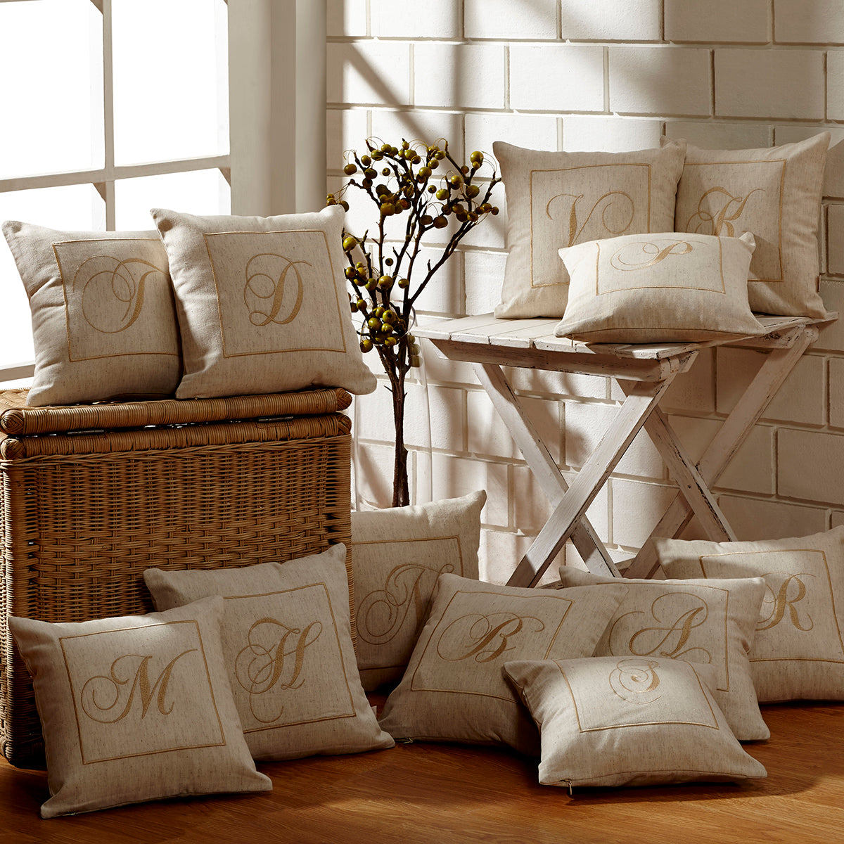Maspar Machine Embroidery Monogram T/Cotton Flax Cushion Cover Beige