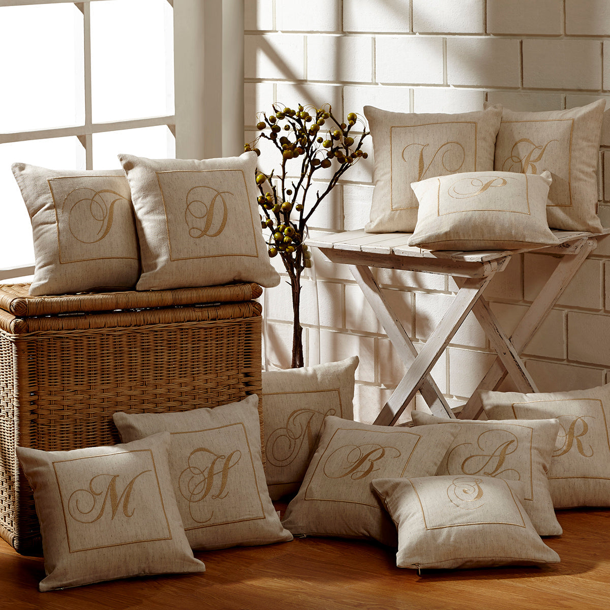 Maspar Machine Embroidery Monogram V/Cotton Flax Cushion Cover Beige