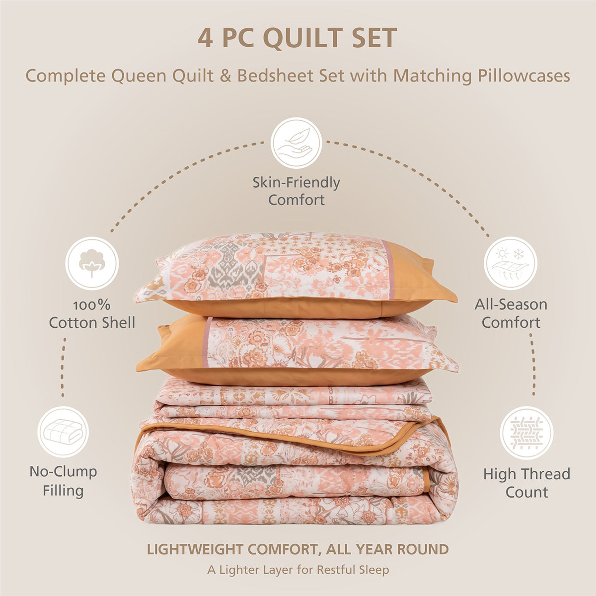 Quilt Set 4 Pcs Set Ethereal Floral Heritage Garden Dusty Coral
