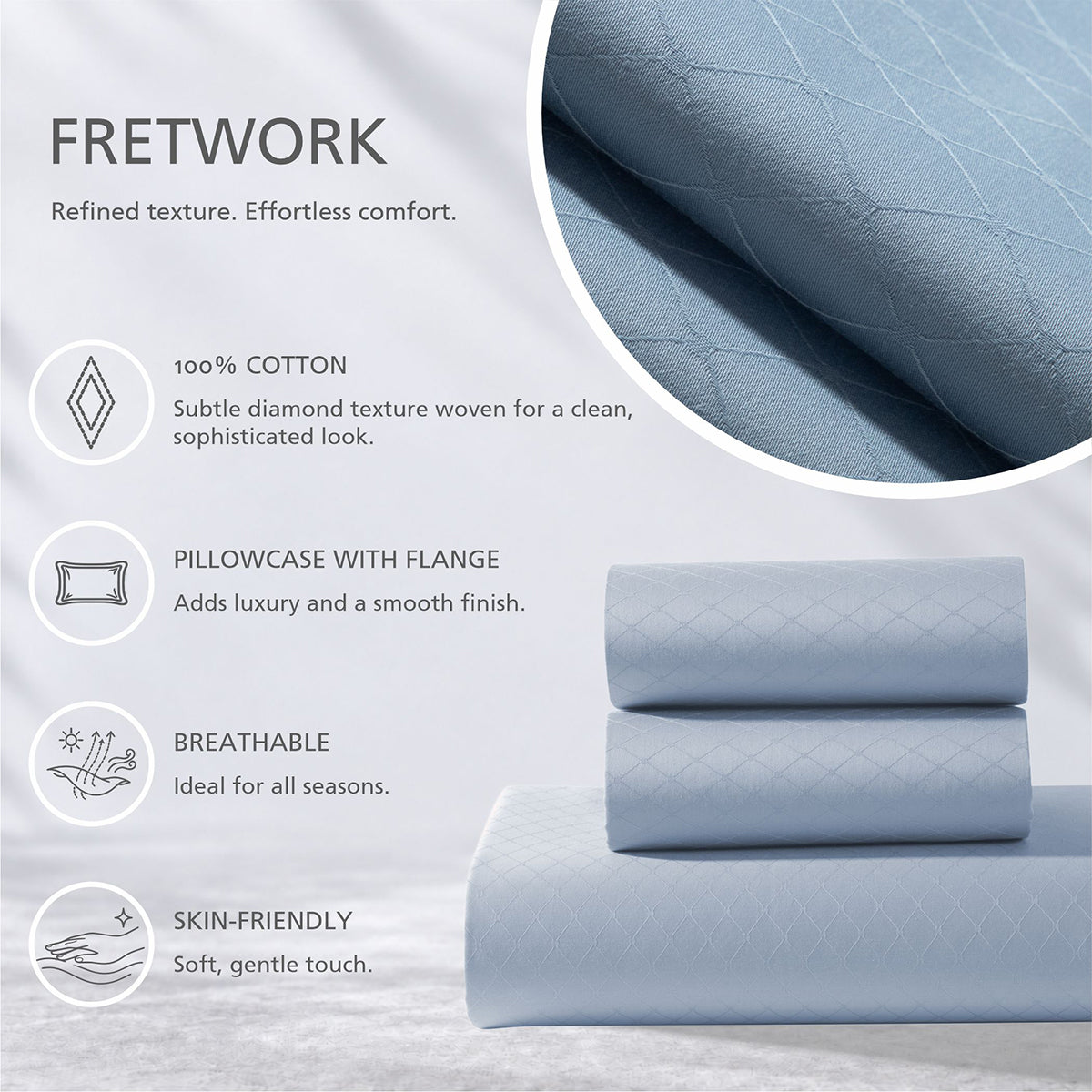 Bedsheet with Pillow Case Fretwork 100% Cotton Jacquard Blue