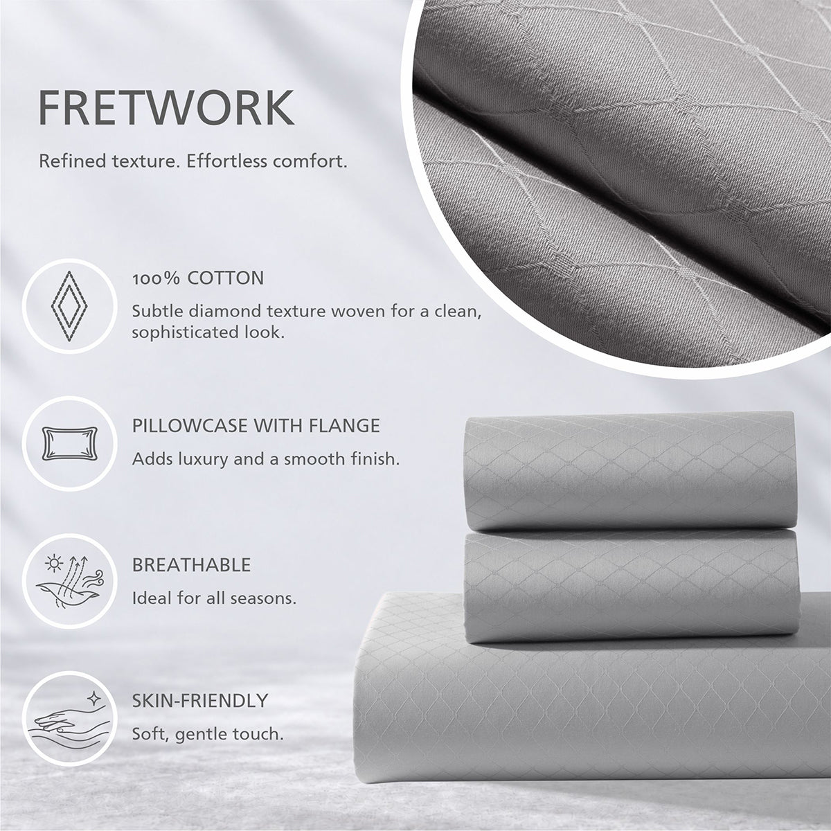 Bedsheet with Pillow Case Fretwork 100% Cotton Jacquard Grey
