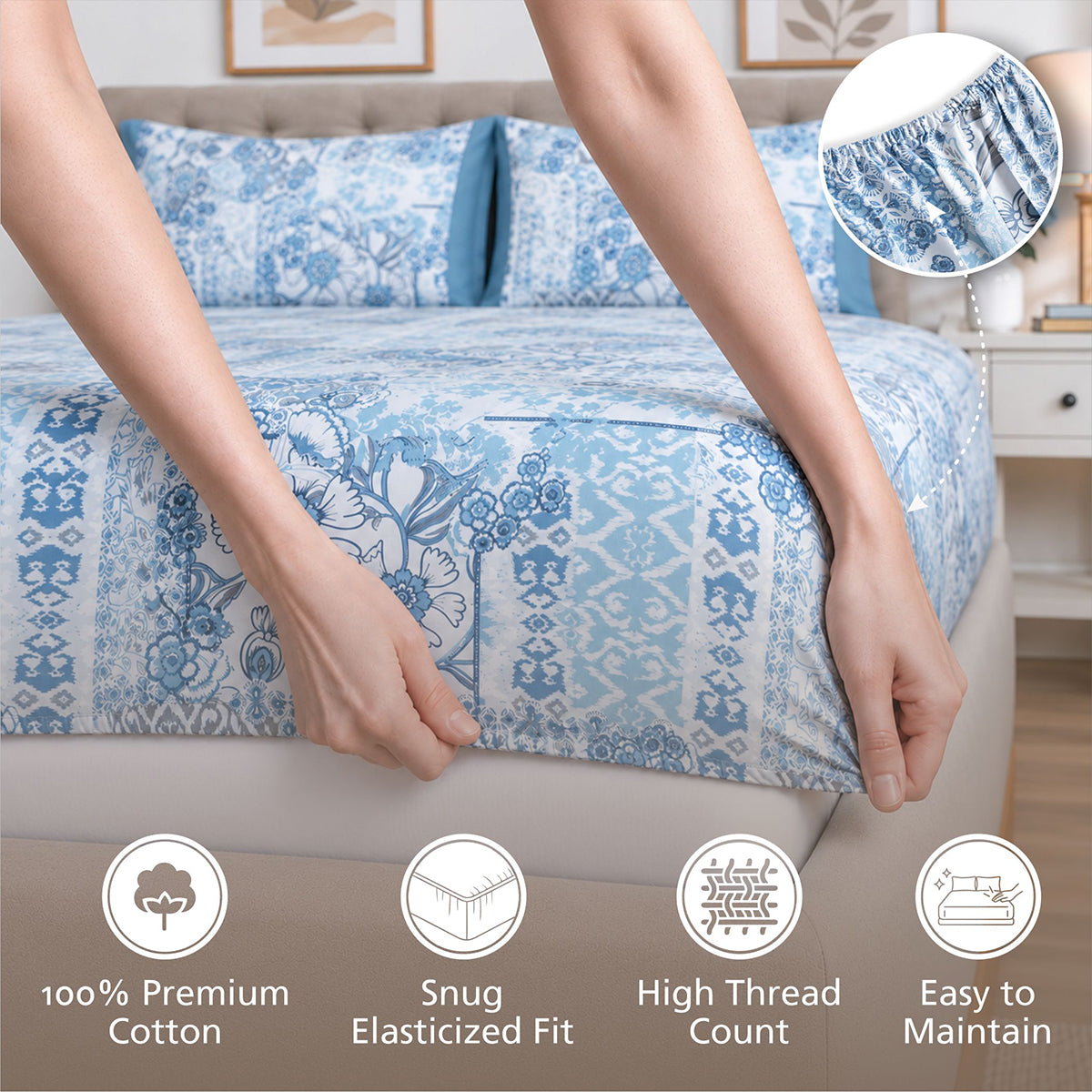Fitted Sheet with Pillow Case 100% Cotton Ethereal Floral Heritage Garden Forever Blue