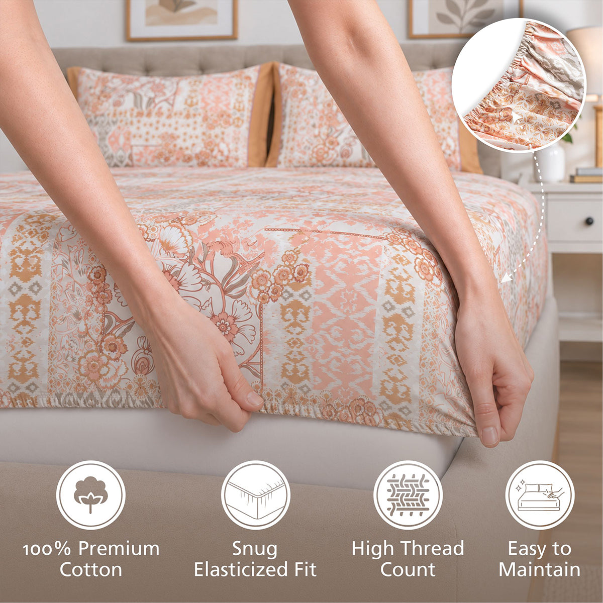 Fitted Sheet with Pillow Case 100% Cotton Ethereal Floral Heritage Garden Dusty Coral
