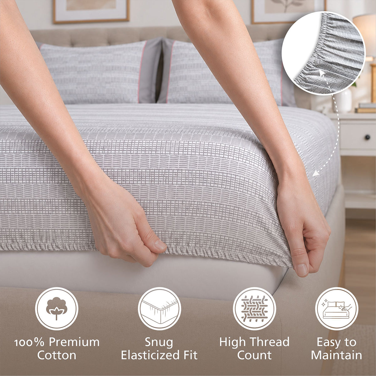 Fitted Sheet with Pillow Case 100% Cotton Tessaro Heritage Garden Grey