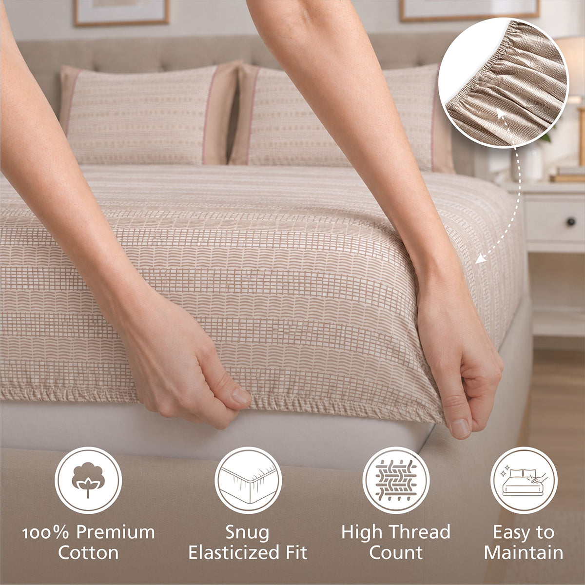 Fitted Sheet with Pillow Case 100% Cotton Tessaro Heritage Garden Beige