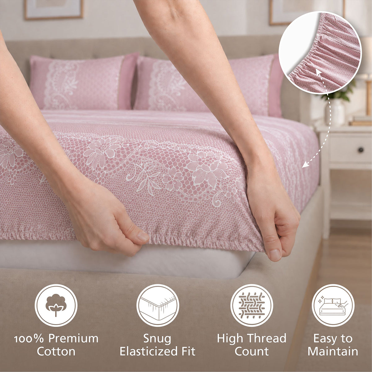 Fitted Sheet with Pillow Case 100% Cotton Filigree Heritage Garden Woodrose