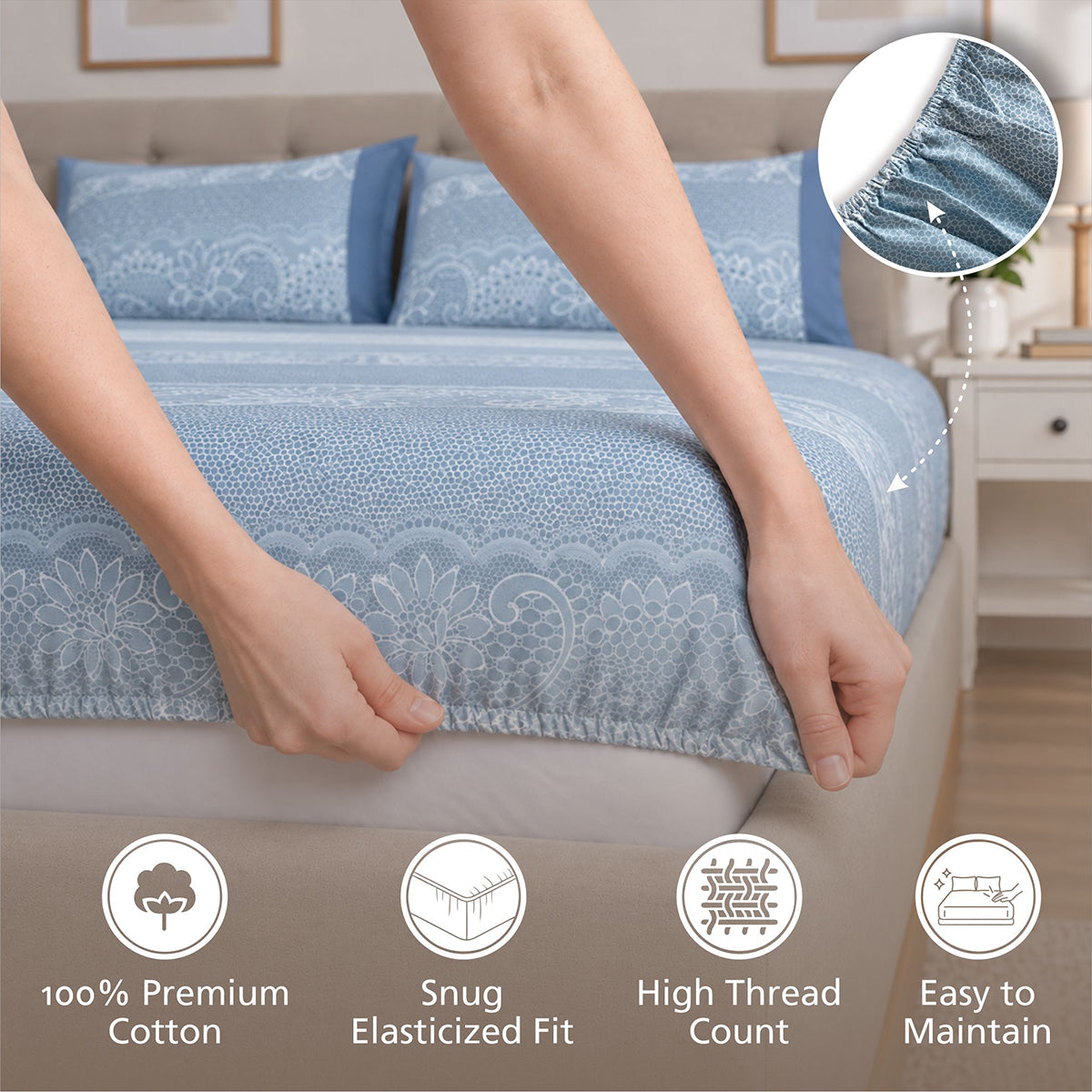 Fitted Sheet with Pillow Case 100% Cotton Filigree Heritage Garden Provincial Blue
