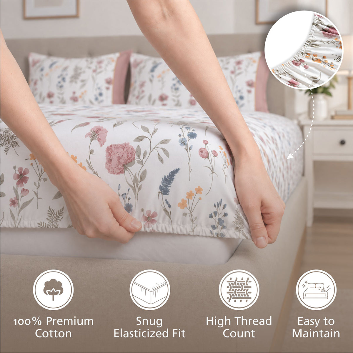 Fitted Sheet with Pillow Case 100% Cotton Rosellea Heritage Garden Old Rose