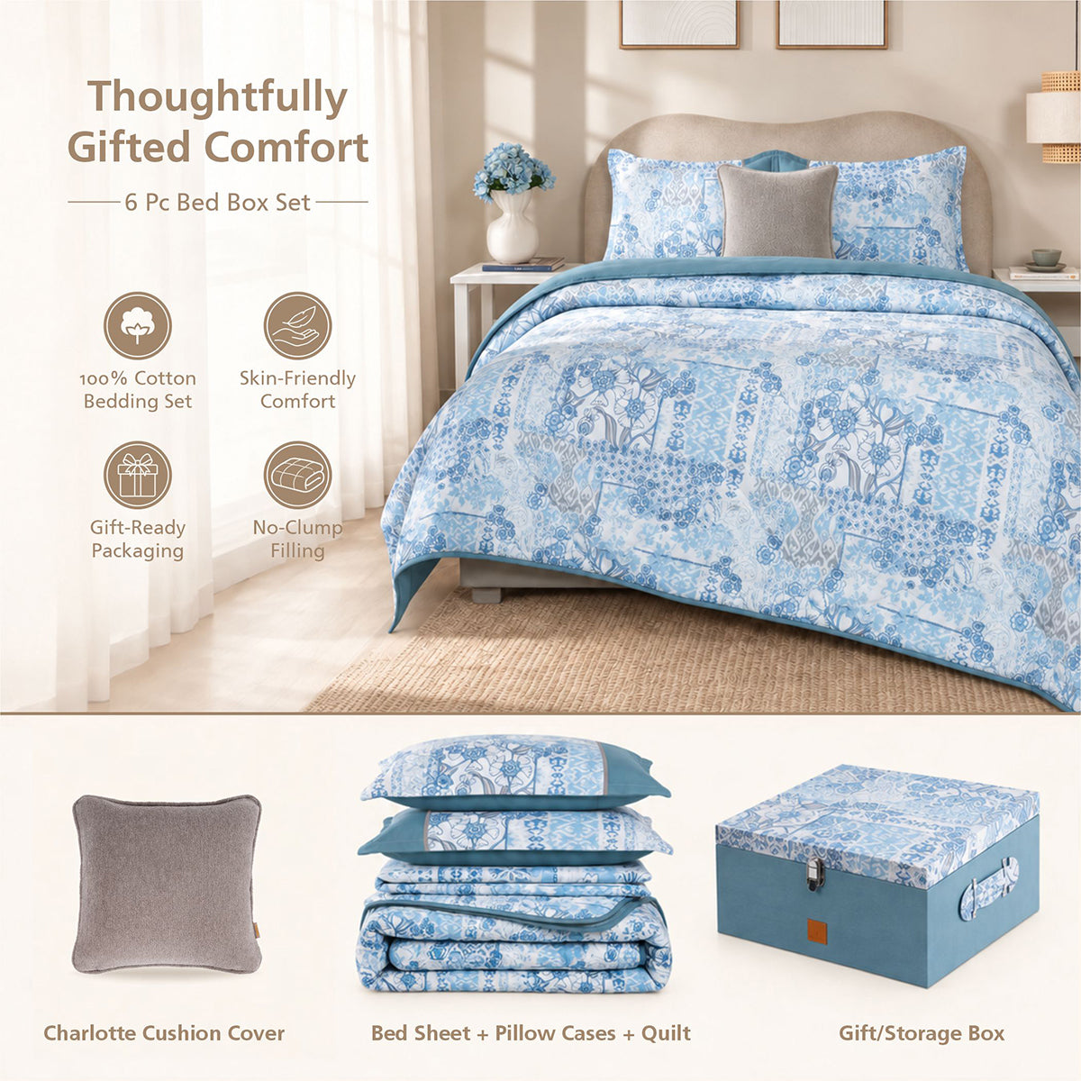 Bed Box Set 6 Pcs Set Ethereal Floral Heritage Garden Forever Blue