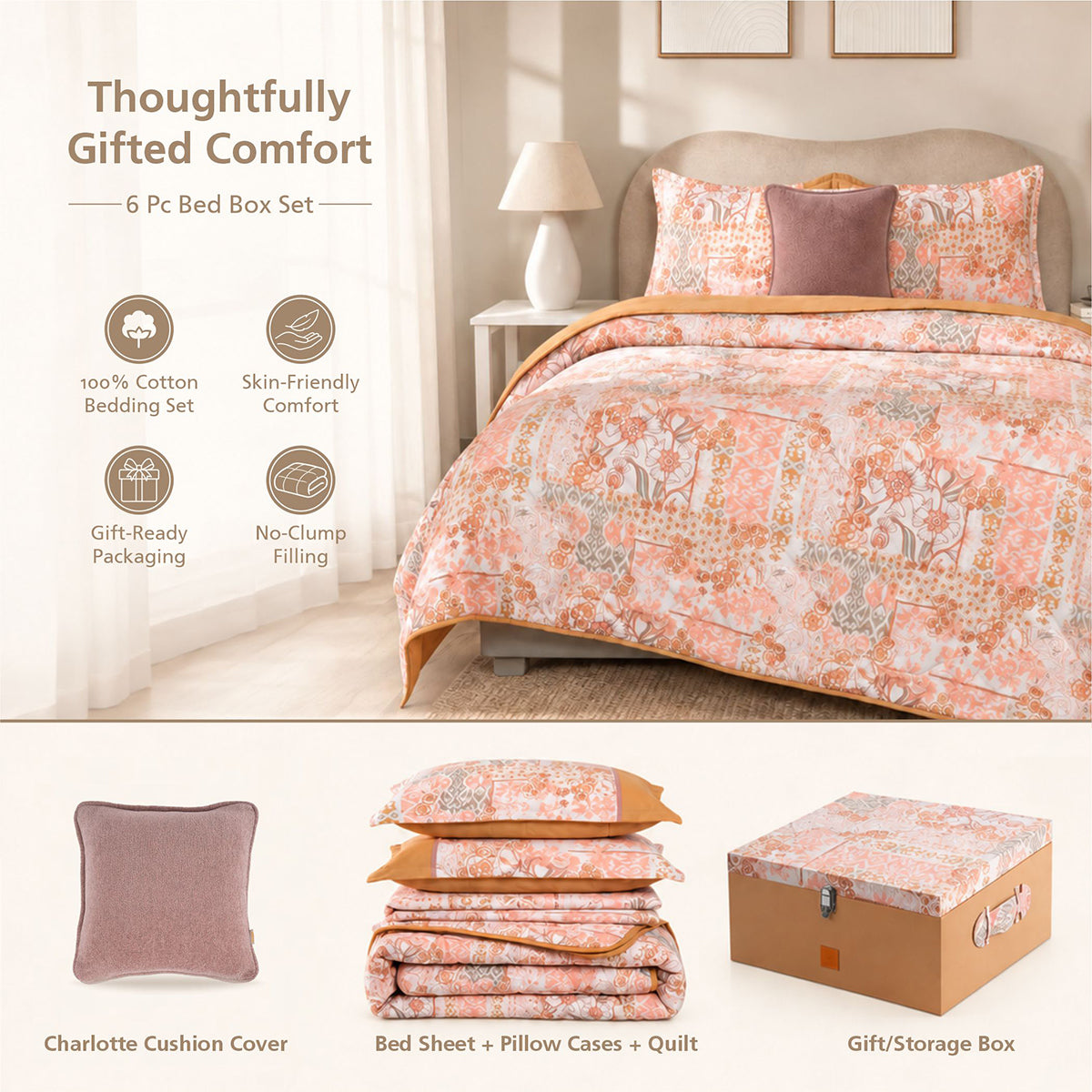 Bed Box Set 6 Pcs Set Ethereal Floral Heritage Garden Dusty Coral
