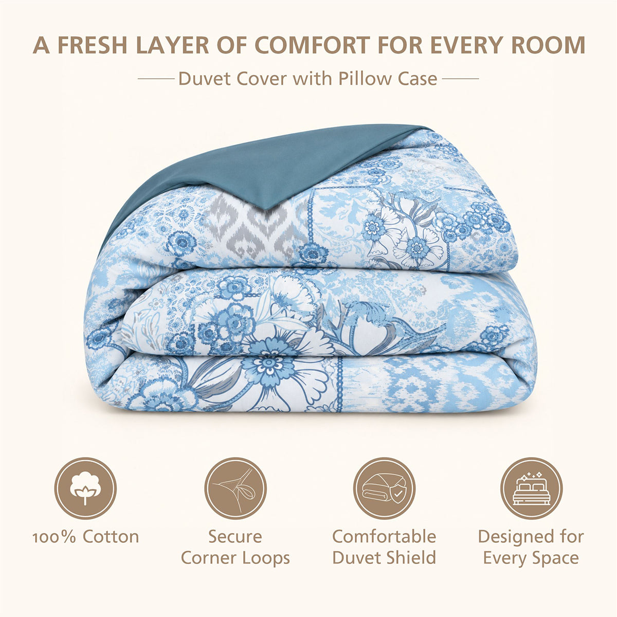 Duvet Cover with Pillow Case 100% Cotton Ethereal Floral Heritage Garden Forever Blue
