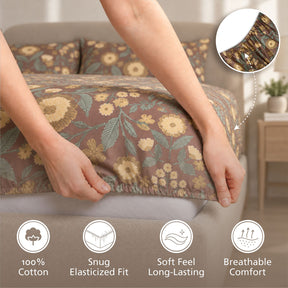 Fitted Sheet with Pillow Case 100% Cotton Verdant Heritage Garden Rustic Brown