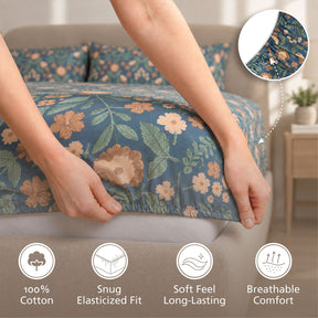 Fitted Sheet with Pillow Case 100% Cotton Verdant Heritage Garden Teal