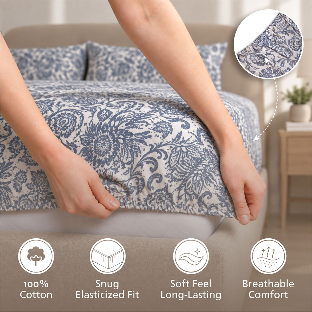 Fitted Sheet with Pillow Case 100% Cotton Brushed Jacobean Heritage Garden Dark Denim