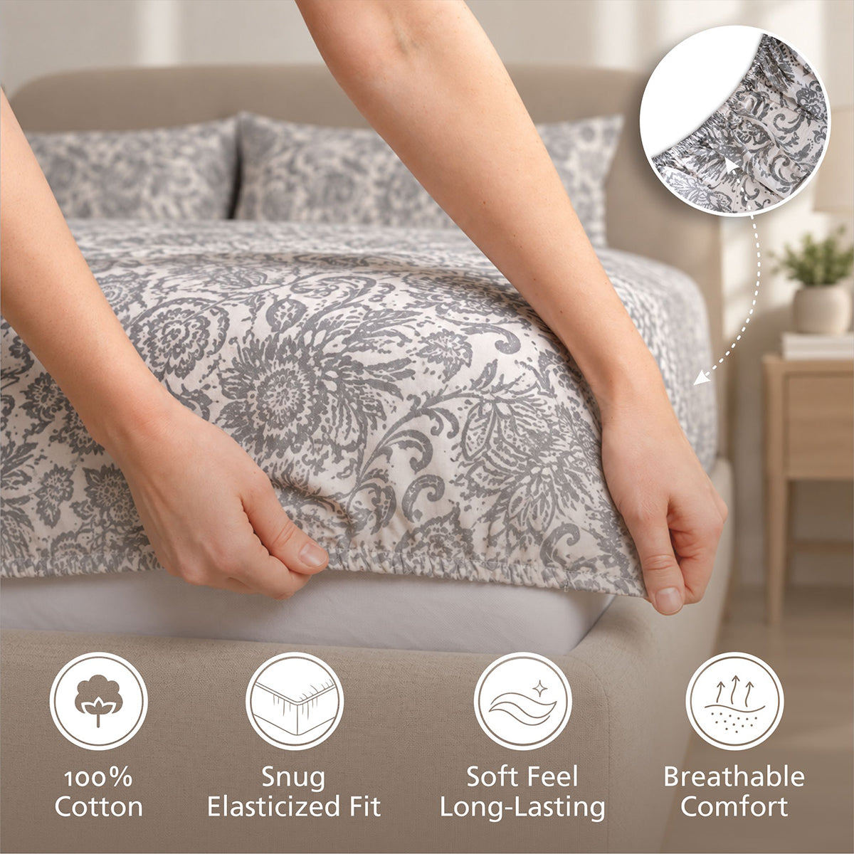 Fitted Sheet with Pillow Case 100% Cotton Brushed Jacobean Heritage Garden Beige