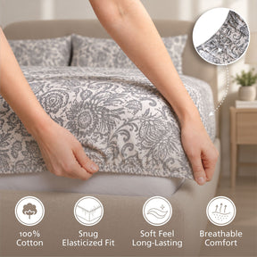 Fitted Sheet with Pillow Case 100% Cotton Brushed Jacobean Heritage Garden Beige