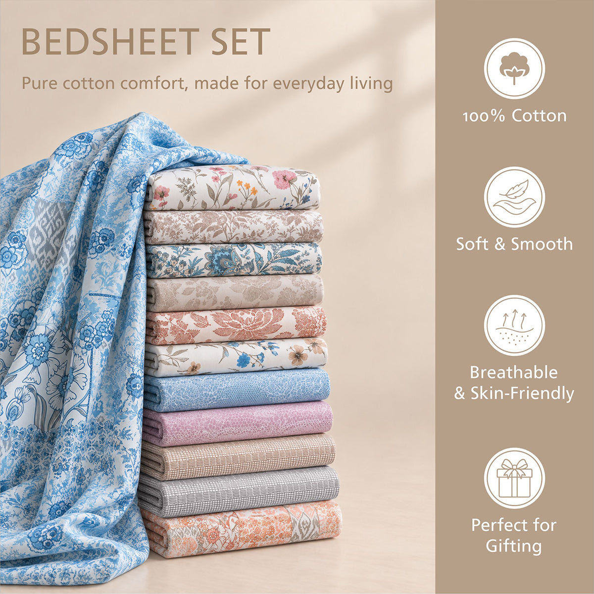 Bedsheet with Pillow Case 100% Cotton Tessaro Heritage Garden Grey
