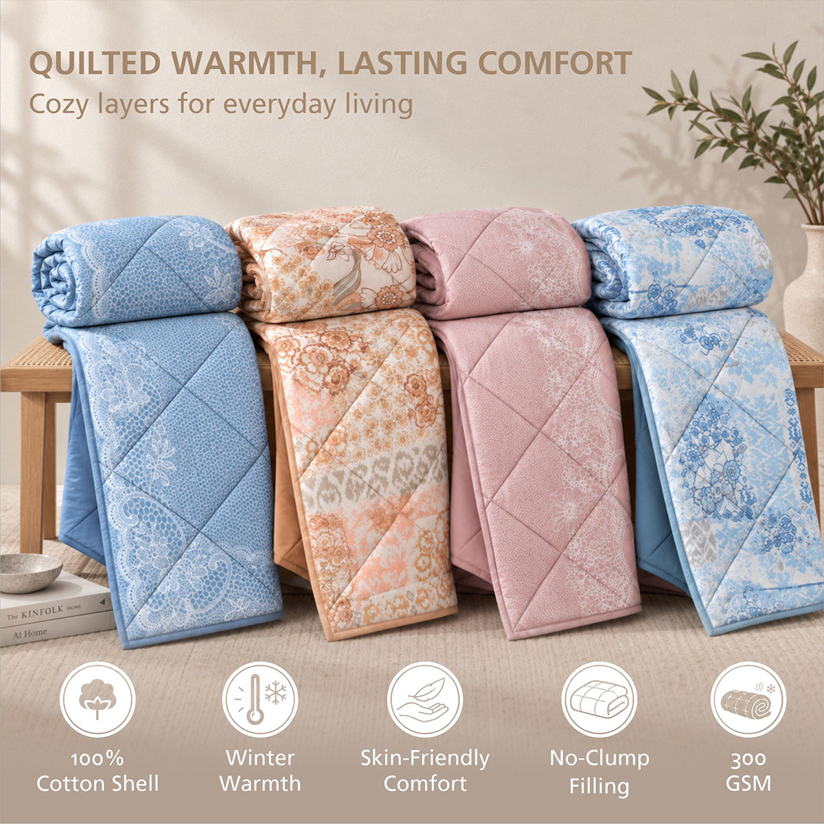 Quilt 300GSM 100% Cotton Shell Filigree Heritage Garden Woodrose