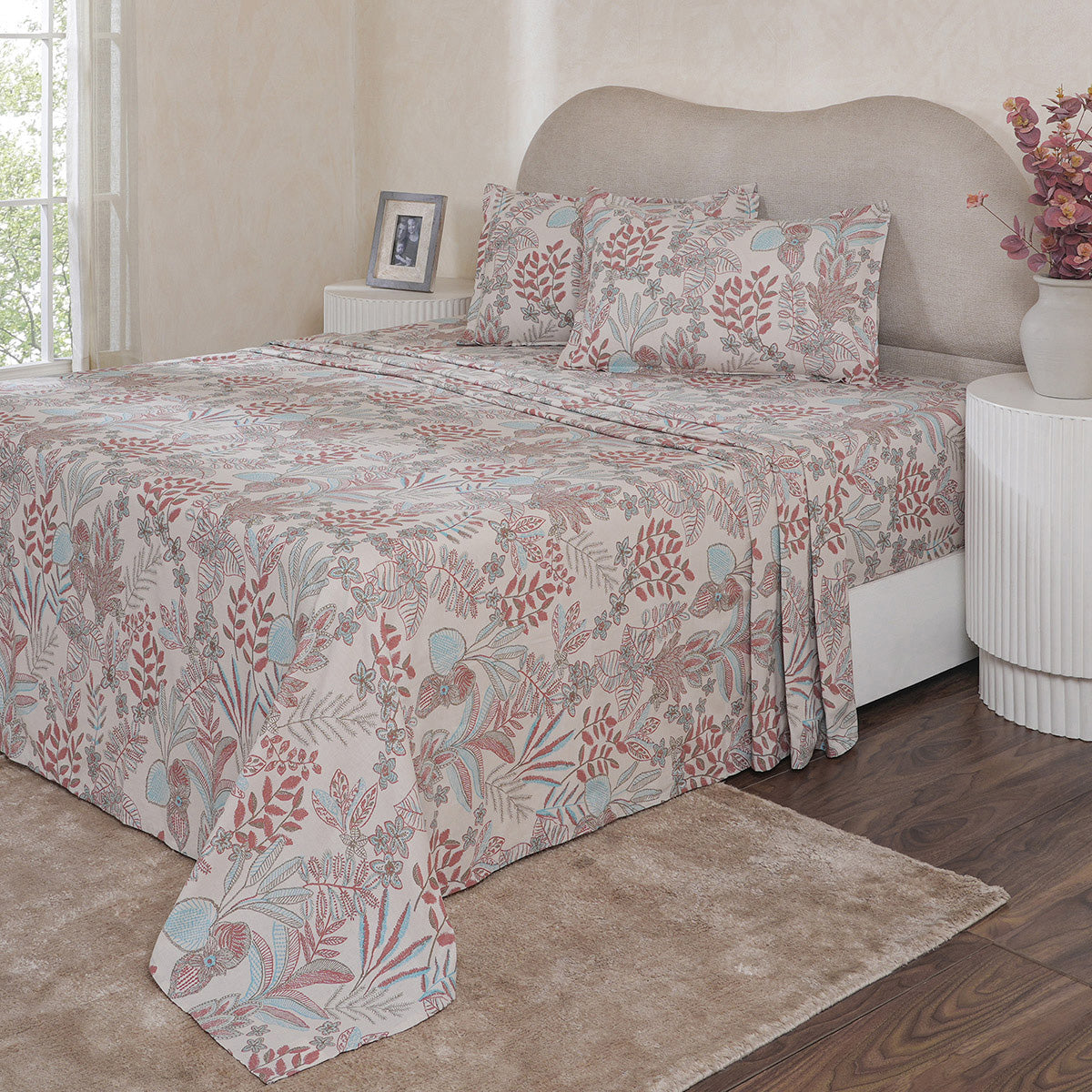 Hermosa Botanic Bloom Garden Muse 100% Cotton Printed Bedsheet with Pillow Case Red