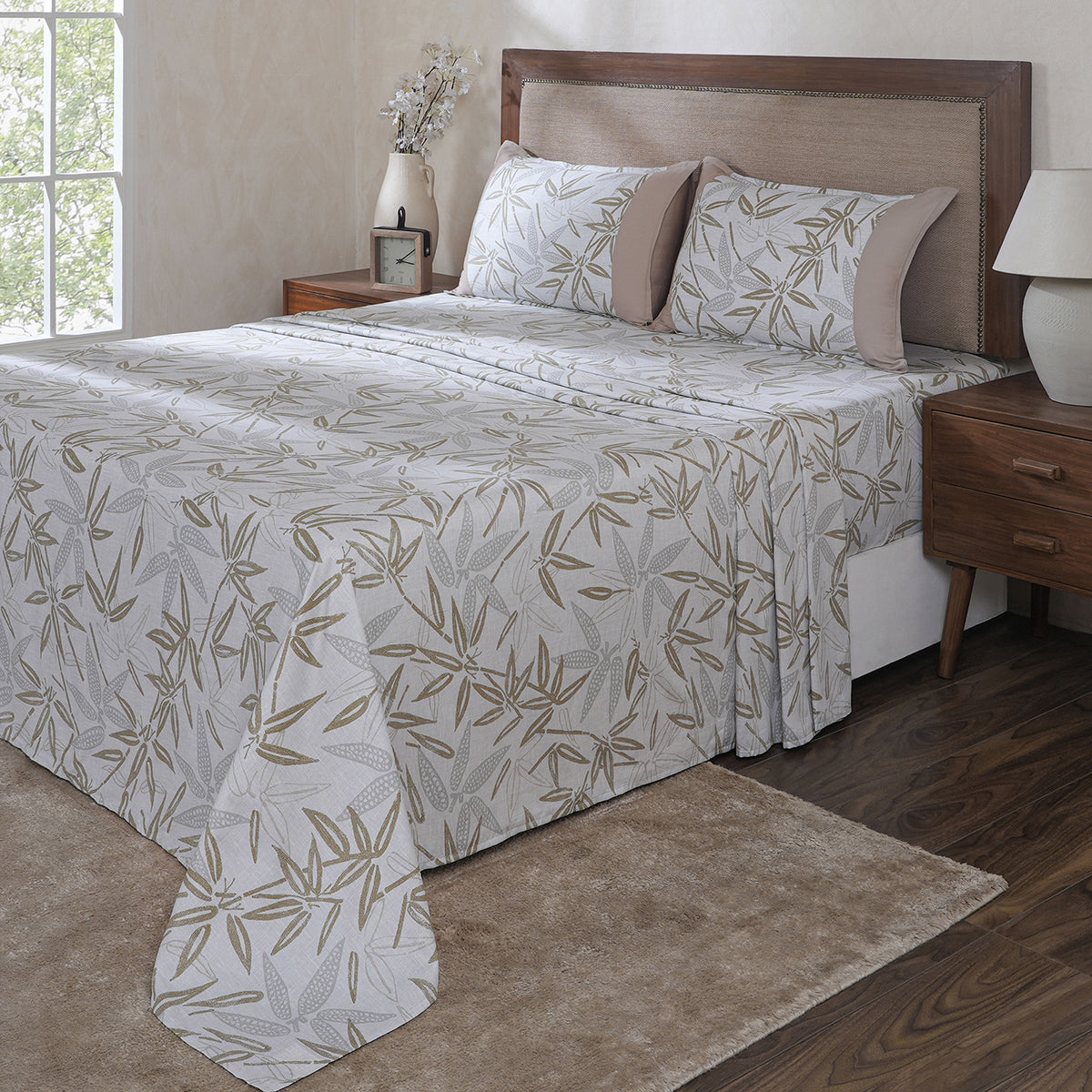 Hermosa Botanic Bloom Bamboo Breeze 100% Cotton Printed Bedsheet with Pillow Case Beige