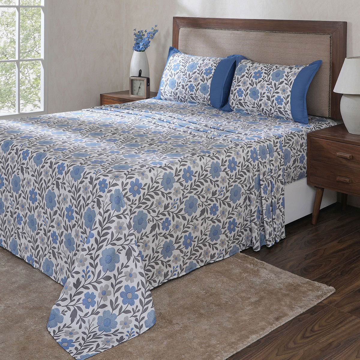 Hermosa Botanic Bloom Bloomscape 100% Cotton Printed Bedsheet with Pillow Case Dusty Blue