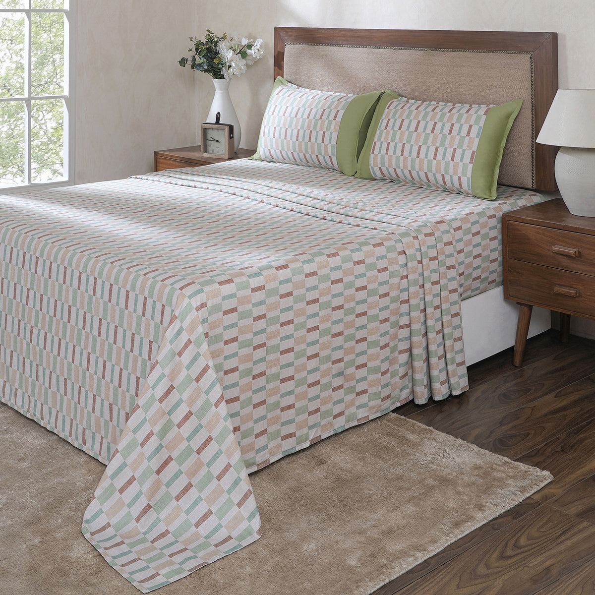 Hermosa Botanic Bloom Tactual 100% Cotton Printed Bedsheet with Pillow Case Jadeite