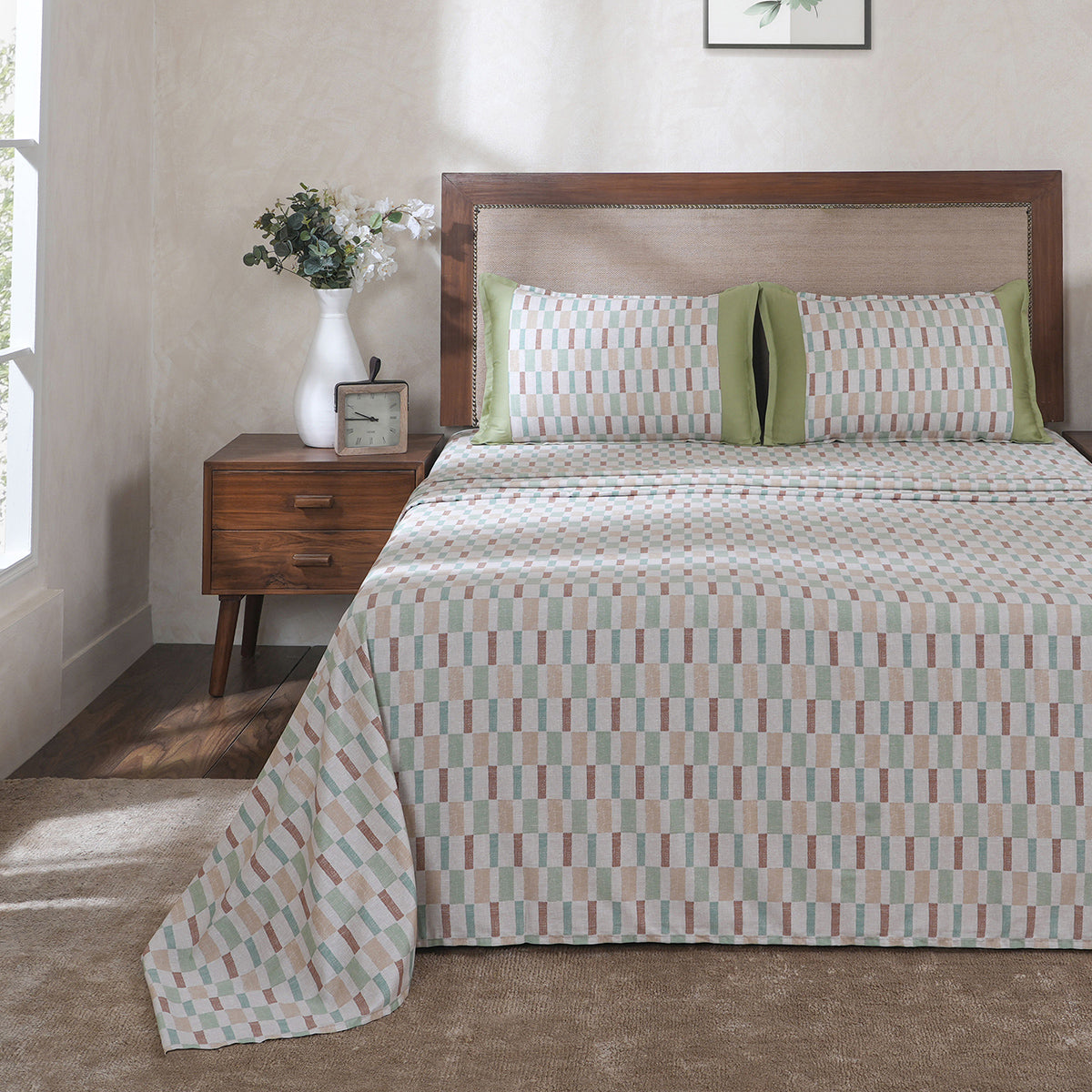 Hermosa Botanic Bloom Tactual 100% Cotton Printed Bedsheet with Pillow Case Jadeite