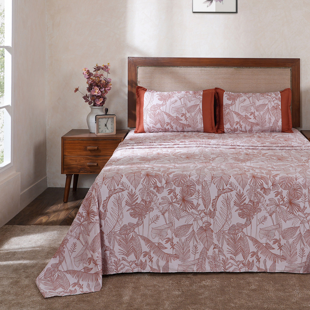 Hermosa Botanic Bloom Verlina 100% Cotton Printed Bedsheet with Pillow Case Rust