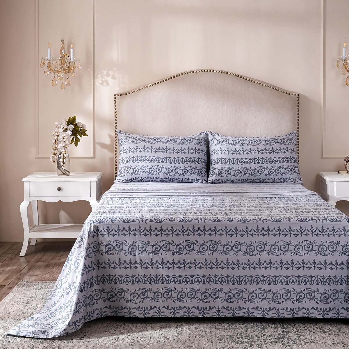 Ornamental Elegance Arablle 100% Cotton Bedsheet with Pillow Case Blue