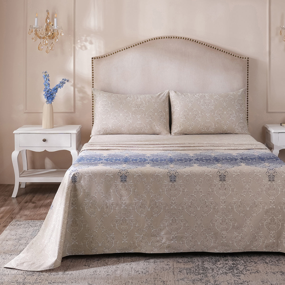 Ornamental Elegance Coronet 100% Cotton Bedsheet with Pillow Case Blue