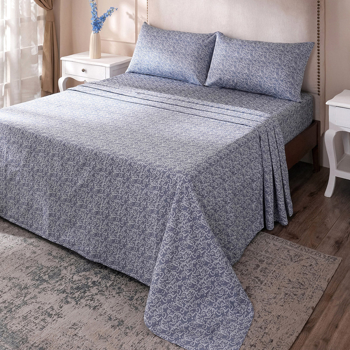 Ornamental Elegance Splendid 100% Cotton Bedsheet with Pillow Case Blue