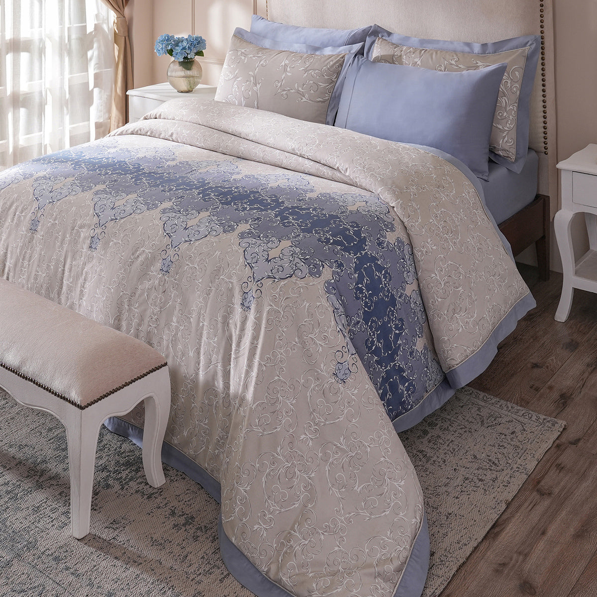 Ornamental Elegance Coronet 100% Cotton Duvet Cover with Pillow Case Blue