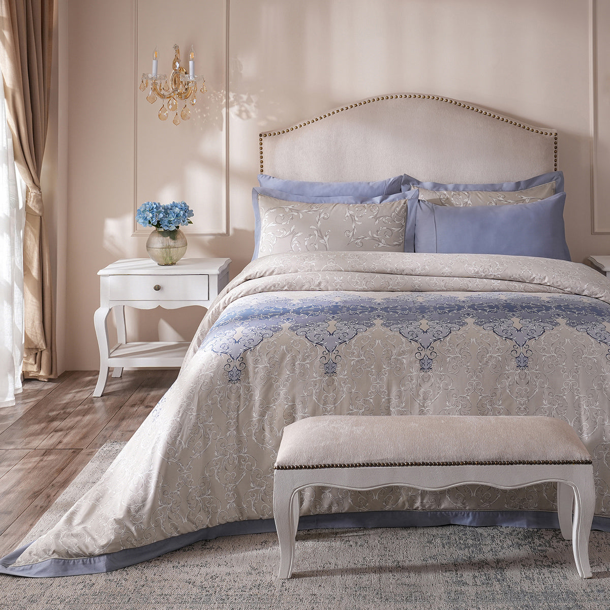 Ornamental Elegance Coronet 100% Cotton Duvet Cover with Pillow Case Blue