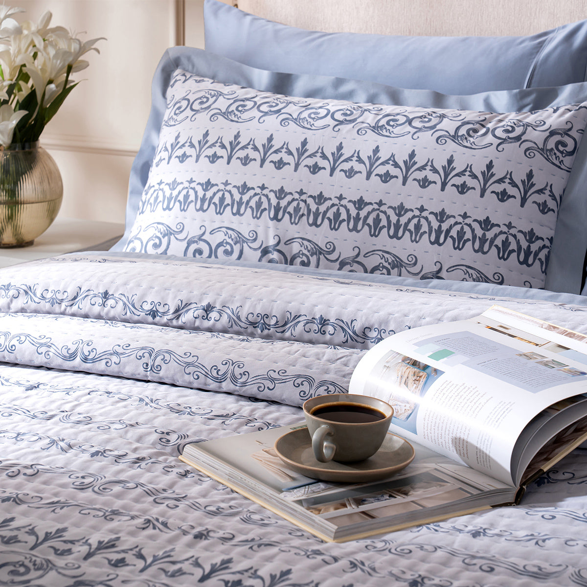 Ornamental Elegance Arabelle 100% Cotton 8Pcs Quilt/Qulited Bed Cover Set Blue