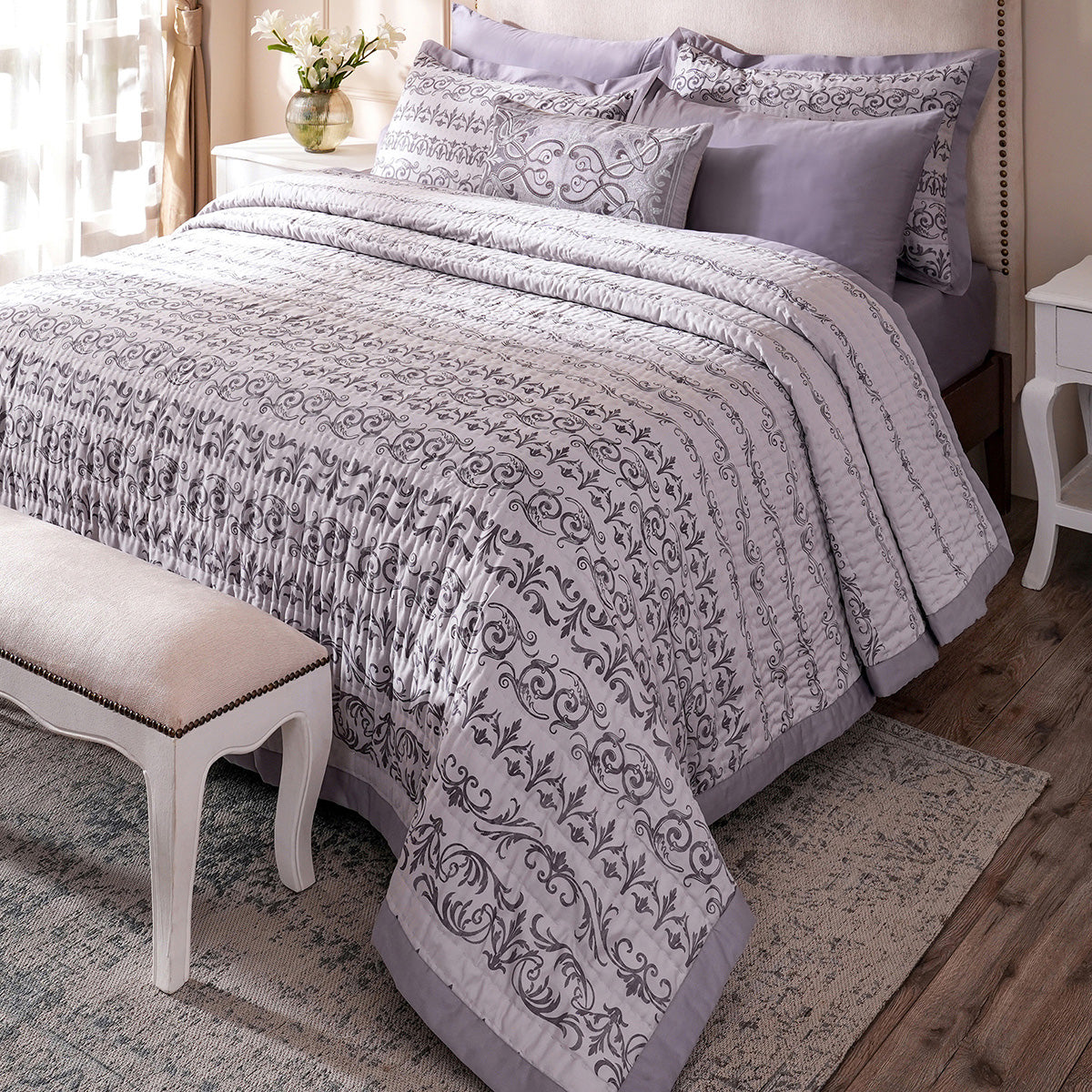 Ornamental Elegance Arabelle 100% Cotton 8Pcs Quilt/Qulited Bed Cover Set Purple