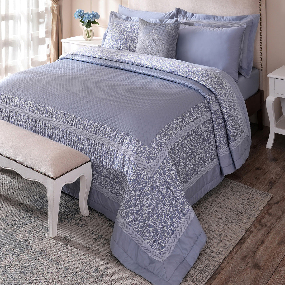 Ornamental Elegance Splendid 100% Cotton 8Pcs Quilt/Qulited Bed Cover Set Blue