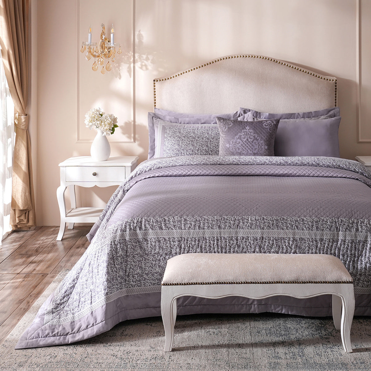 Ornamental Elegance Splendid 100% Cotton 8Pcs Quilt/Qulited Bed Cover Set Purple