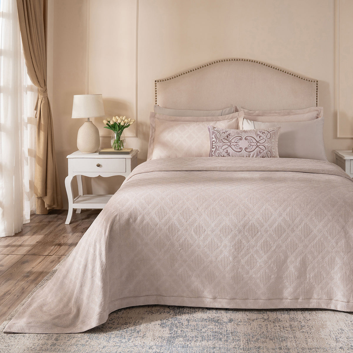 Ornamental Elegance Flip Flop Self Texture Beige Bed Cover/Bed Spread