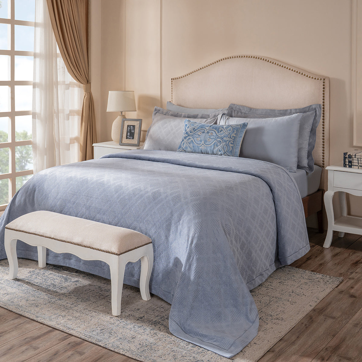 Ornamental Elegance Flip Flop Self Texture Blue Bed Cover/Bed Spread