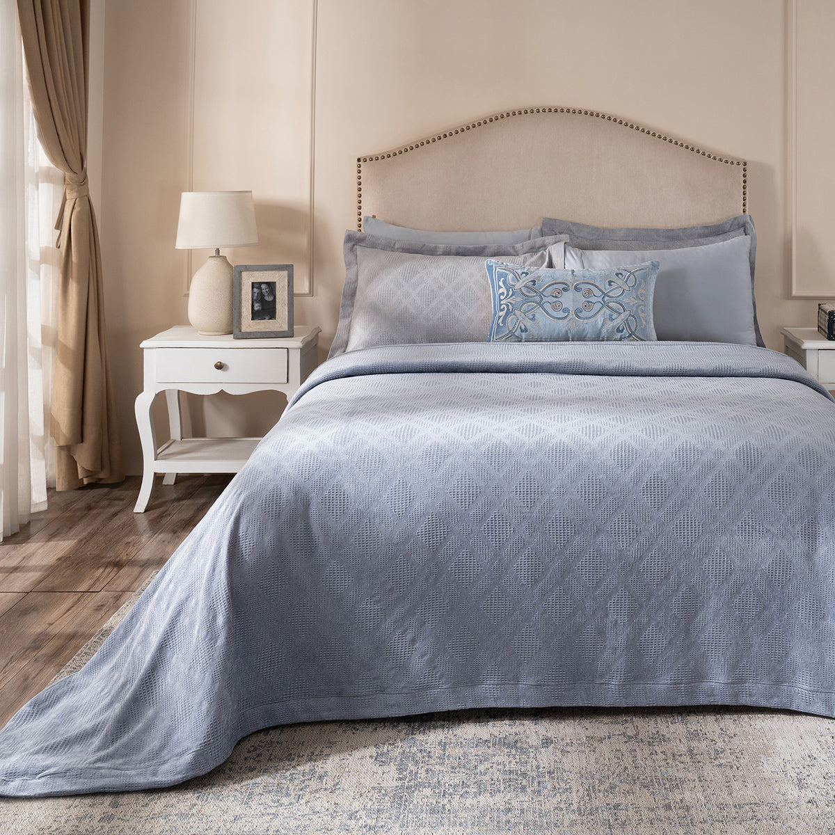 Ornamental Elegance Flip Flop Self Texture Blue Bed Cover/Bed Spread